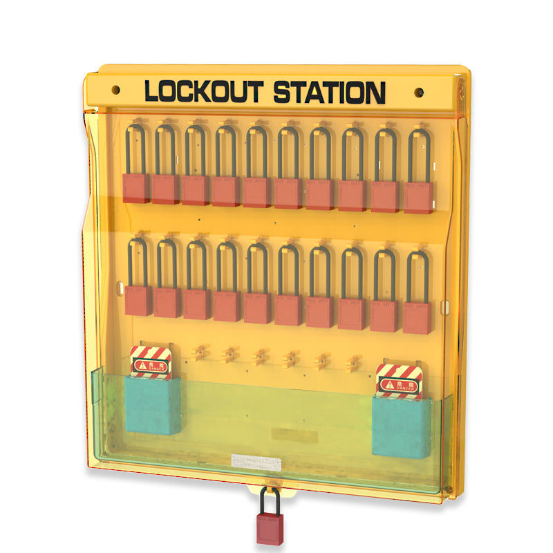 BD-B201 Lockout Station: Durable Engineering Plastic PC, 26 Hooks, Clear Identification. Keywords: Lockout Station, Engineering Plastic, Safety Organizer, Lockout Tagout, Industrial Safety. - Prolock Express